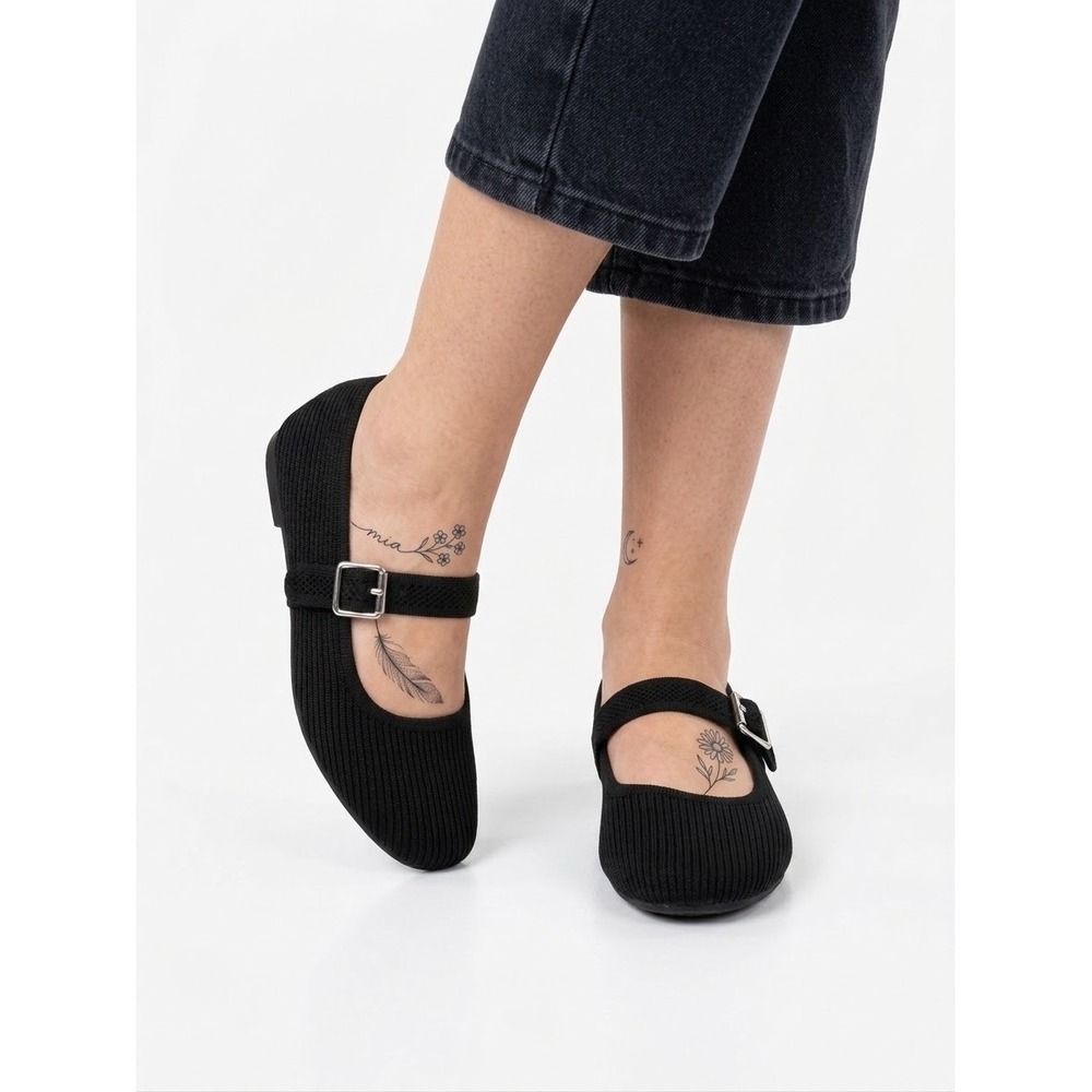MIA Girl Black Knit Mary Jane Flats Square Toe Buckle Strap Shoes 6.5